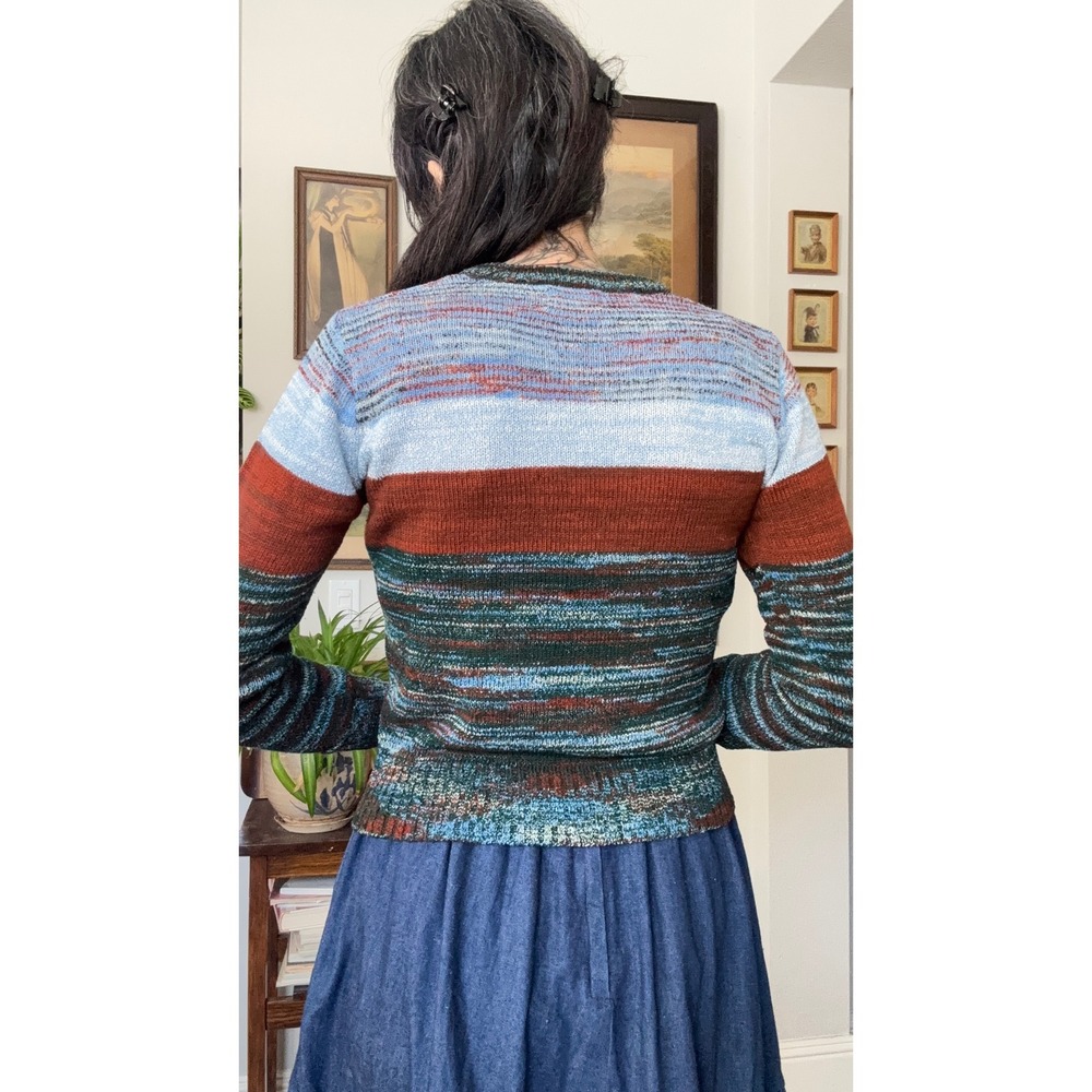 Vintage 70s Space Dyed Mountain Landscape V-Neck Sweater Rust Blue Green Sun - Picture 2 of 6